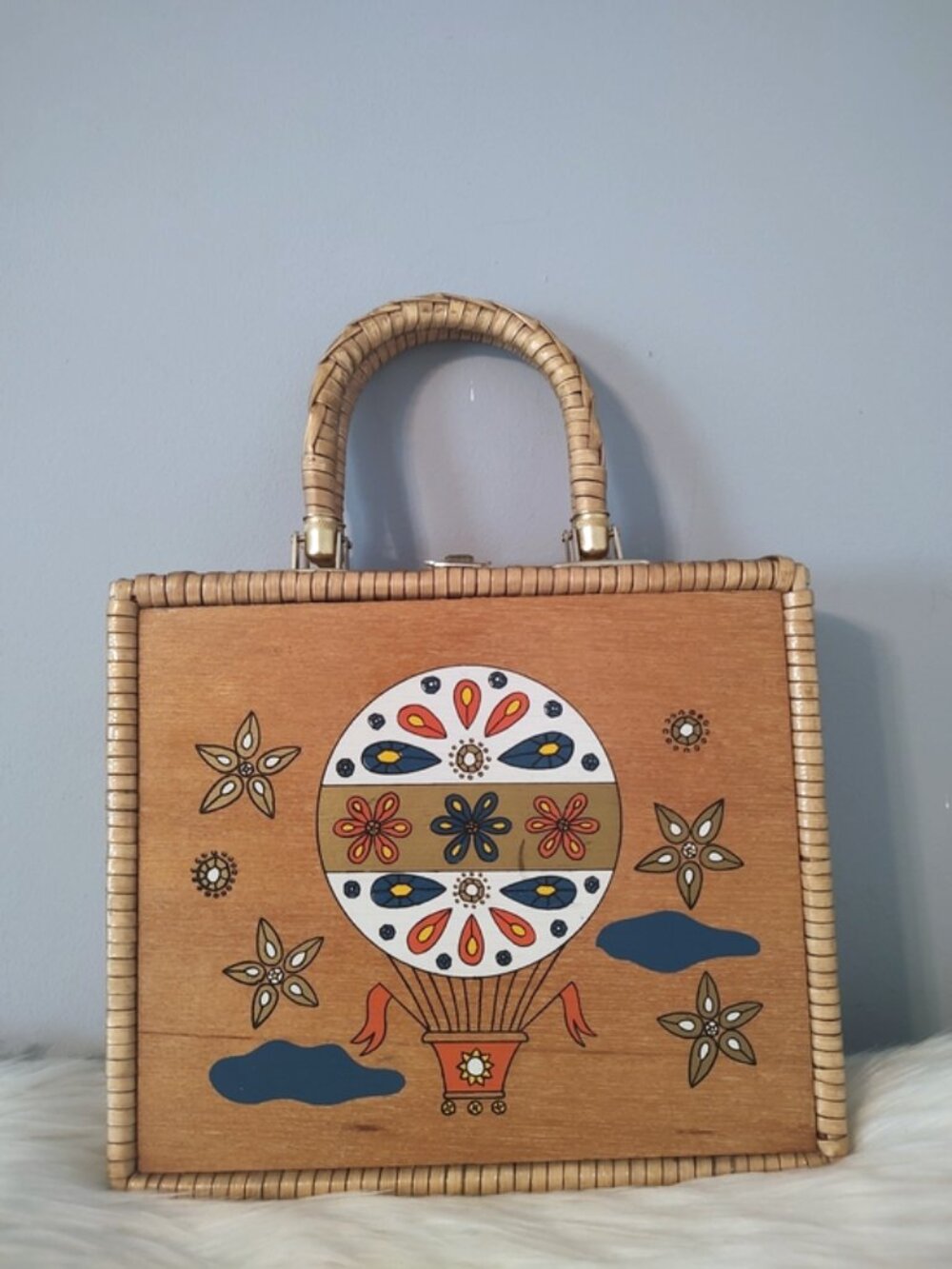 Vintage 1960s folk art balloon wicker wood box handbag VGUC